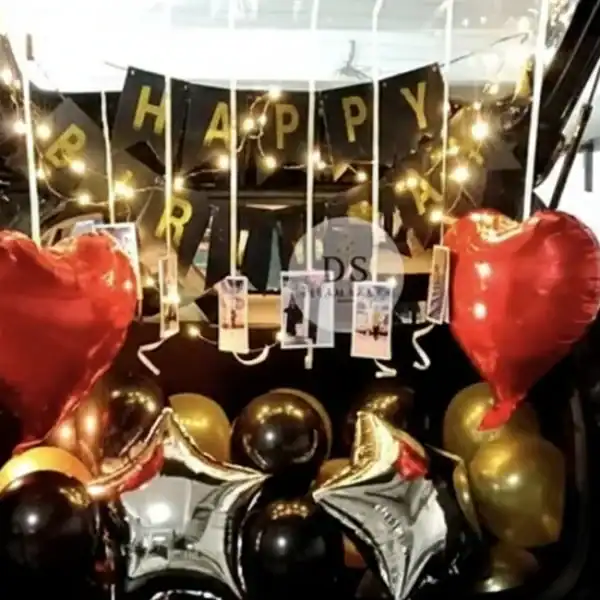 Car Boot Decoration in Delhi NCR with fairy lights, heart foil balloons, and personalized photos by Dream Spark Events