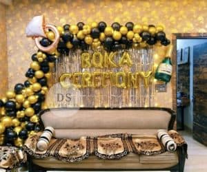 Roka Ceremony Decoration Package with gold and black balloons, silver shimmer backdrop, and metallic letter balloons by Dream Spark Events